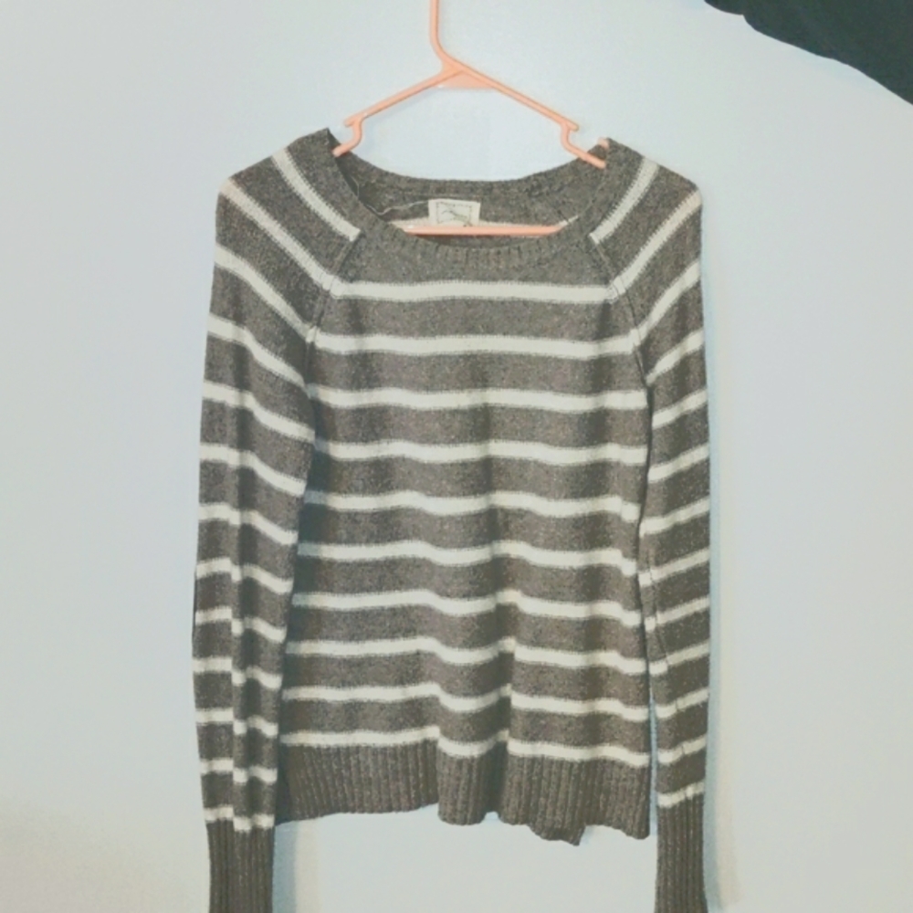 Women's size medium taupe and cream striped sweater with brown suede elbow patch